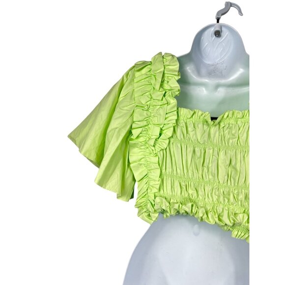 Zara Lime Green Smocked Ruffle Poplin Crop Top With Flutter Sleeves XS - Picture 7 of 13